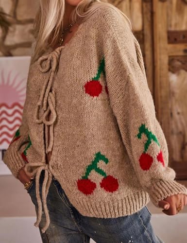 FindThy Women’s Tie Front Cardigan Sweater Cute Long Sleeve Crew Neck Bow Knot Knit Outwear3