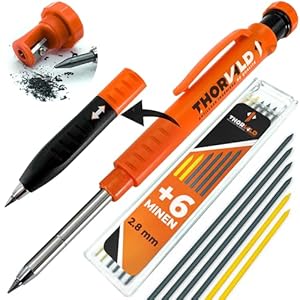 THORVALD Robuster Zimmermannsbleistift mit 7 Minen, Spitzer & Schreibaufsatz – Tieflochmarker Druckbleistift für Handwerker – Perfekt für Baustelle, Holz, Metall & Beton
