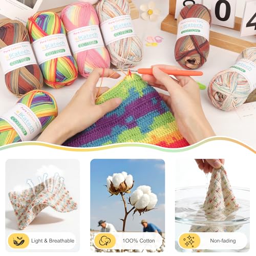 Image of Katech 1OO% Variegated Cotton Yarn for Crocheting-2 Sport Weight Baby Yarn for Knitting-6 Pcs of 50g(1.76oz) /160m(175yd), Fine Soft Multicolor Yarns for Baby Blankets, Afghans, Shawls, Dress, Hats (A)