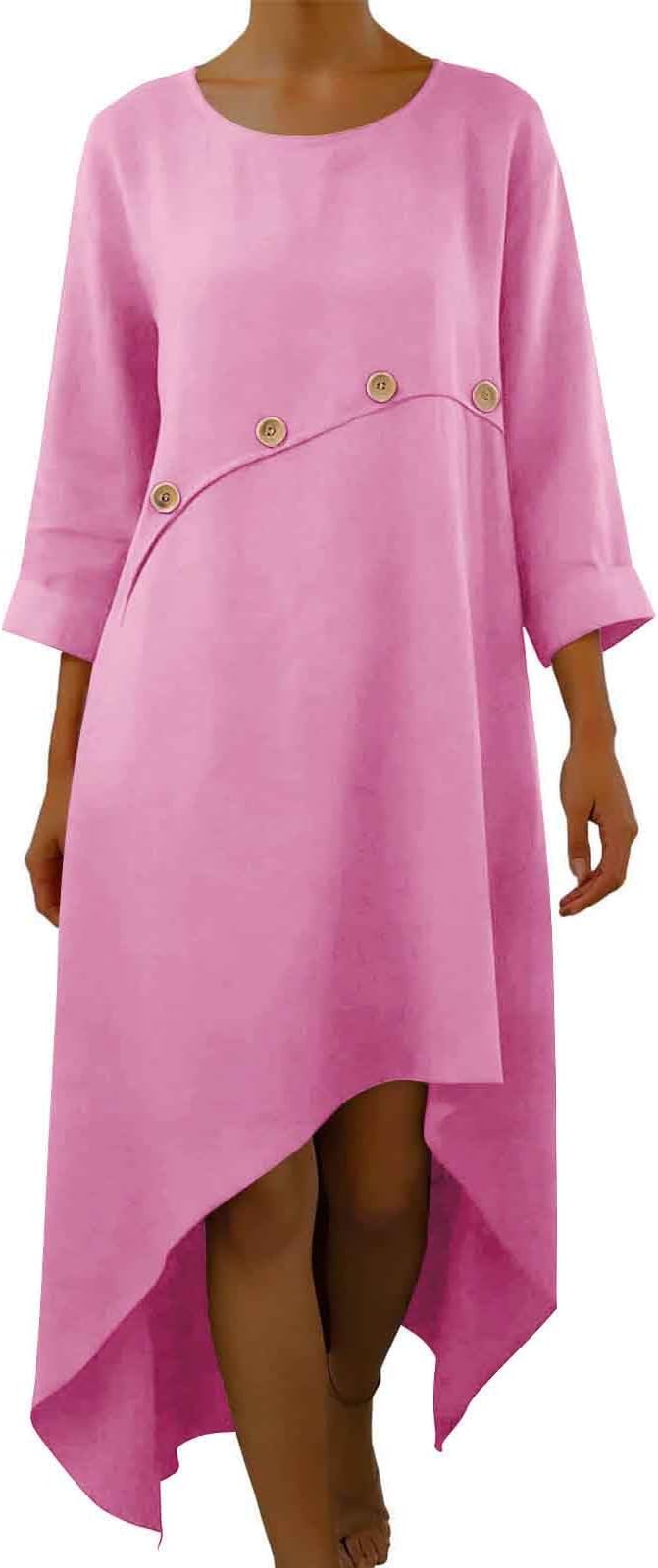 Women's Summer Spring Dress Cotton Linen Casual Round Neck Button Swing 3/4 Sleeve Beach Vacation Loose Midi Dress