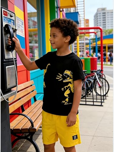 Image of Boys' 2 Piece Summer Outfit Cool Dinosaur & Camouflage Graphic Short Sleeve Tee & Shorts Set Size 4-12