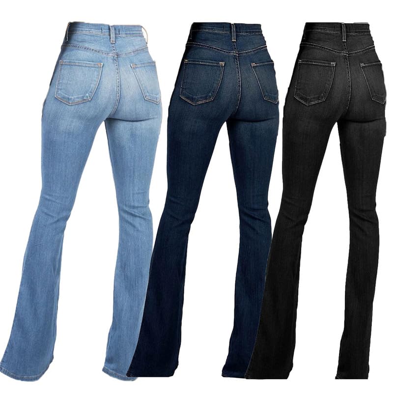 Andongnywell Women's Fashion High Rise Jeans Slimming Wide Leg Stretch Denim Flare Bellbottom Jeans Trouser2