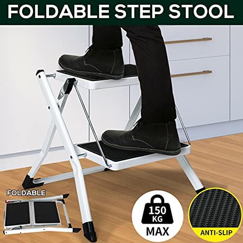 iropro 2 Step Ladder Heavy Duty,Portable Foldable Stepladder with Anti-Slip Mat,Strong Sturdy Steel for Home,Office,Kitchen,Garage (mini 2 step ladder)