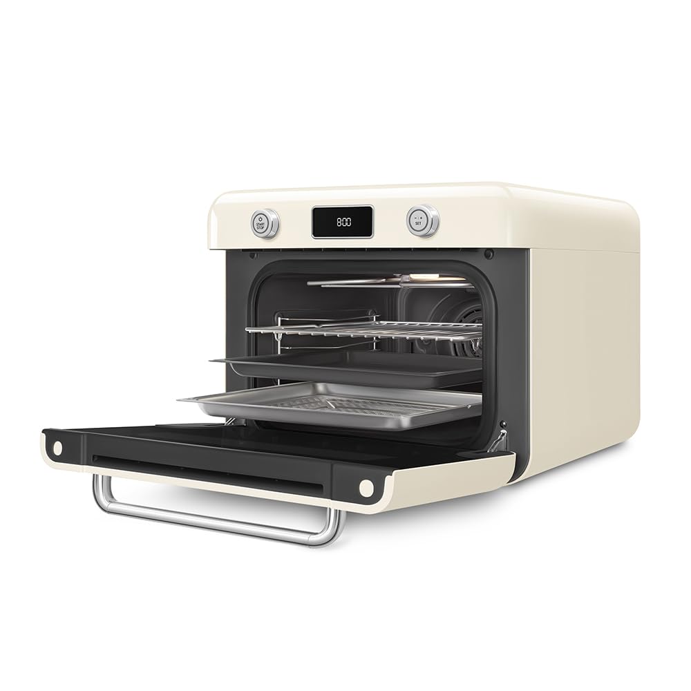 Smeg, Mini Horno Combinado COF01CREU, 10 Funciones de Cocina, 33 Recetas Automáticas, Depósito Desmontable, Cocción al Vapor, Función de Descalcificación, Potencia 1800W, Crema