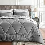 BEDELITE King Size Comforter Set 7 Pieces Bed in A Bag - Soft Microfiber Reversible Grey Bed Set wit