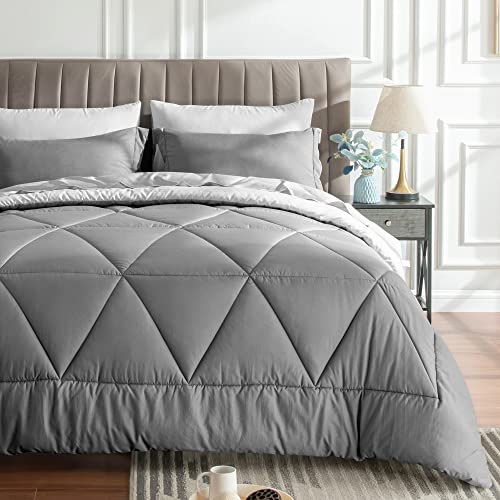 Bedelite King Size Comforter Set 7 Pieces Bed In A Bag - Soft Microfiber Reversible Grey Bed Set With Comforters, Sheets, Pillowcases & Shams, Cozy Luxury Bedding Sets For All Season #TOP5