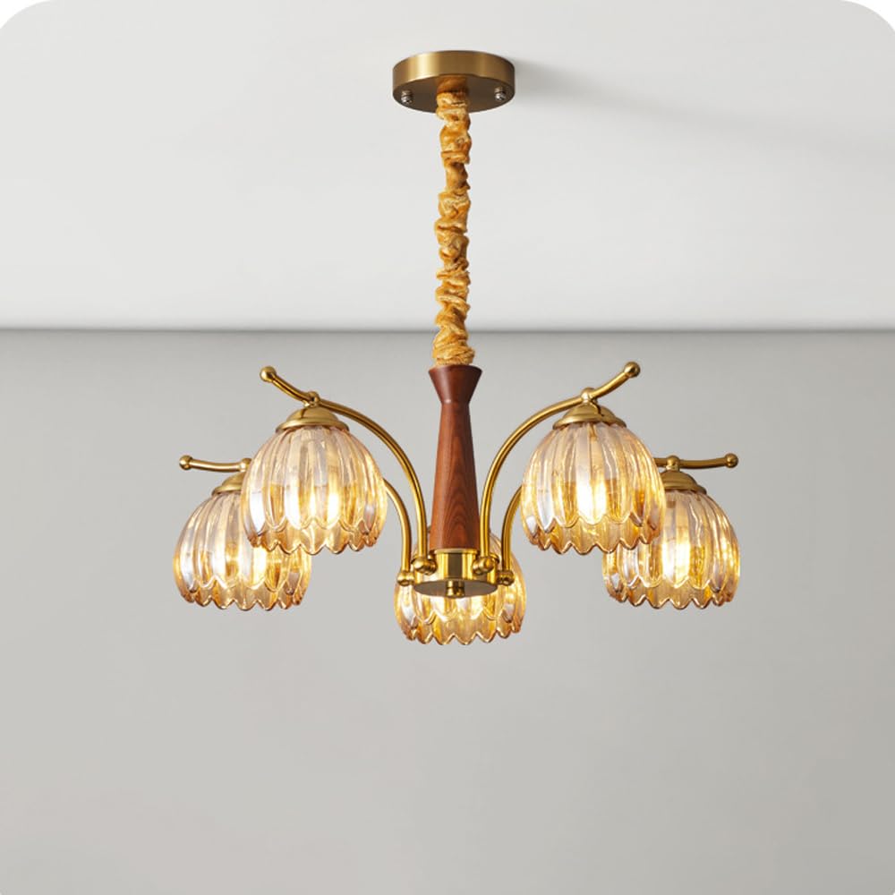 QTHWB Amber Tulip Glass Chandelier with Wood Base Mid-Century for Living Room, Dining Room & Bedroom