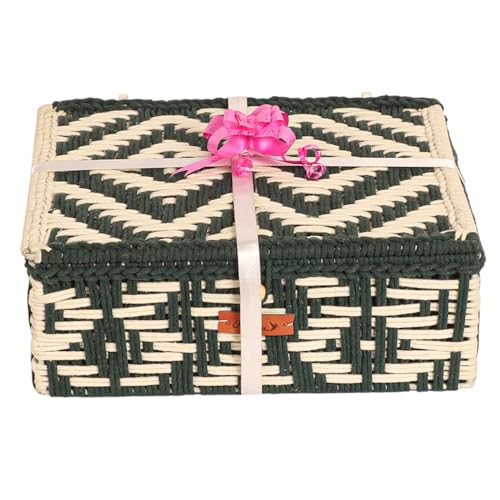 Image of Kaahira Handmade Decorative Storage Box and Organiser | Macrame Gift Hamper Box for Cosmetics, Toiletries & Return Gifts | Aesthetic Rope Woven Organizer (Green and White, Medium - 10x8x4 inches)