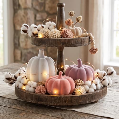 Pink and White Pumpkins Decor, 3Pcs Flocked Velvet Pumpkins Fall Decoration - image 5
