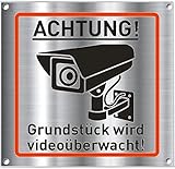 Achtung Videoüberwachung Schild (4STK 15x15 cm Gebürstetes Aluminium) Videoüberwacht Warnschilder und Hinweisschilder für Überwachungskamera oder Kamera Attrappe