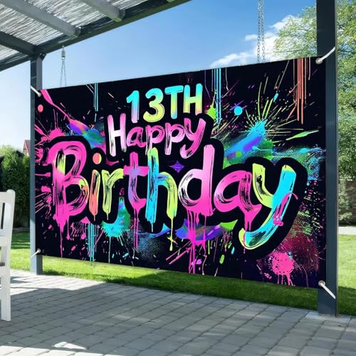 Image of HOMETITUTE Neon 13th Happy Birthday Banner 71x43 Inch Paint Splatter Glow in The Dark Party Backdrop Colorful Wall Decor for Teens Boys Girls Thirteenth Birthday Celebrations Props Event Supplies