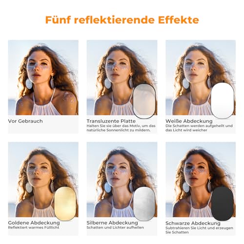 K&F CONCEPT 5 in1 Fotografie Licht Reflector 100x150cm Oval Diffusor Fotografie Faltreflektor für Portrait Foto Selfie Hochzeitsfotografie Außenbeleuchtung mit Tragetasche