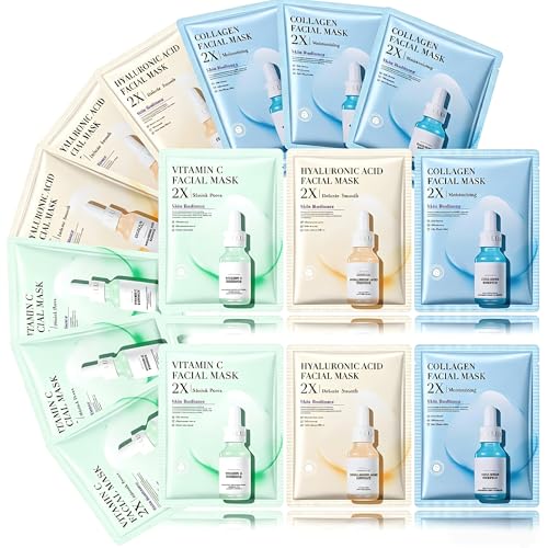 Maschera Viso in Tessuto 15 Pezzi， Set Anti-età con Collagene,
