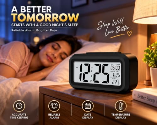 Image of Digital Alarm Clock Pack of 1 Electronic Table Clock with Clear Digital Display Alarm Clock for Bedroom Office Study Table