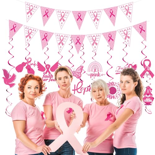 Image of Gameza Breast Cancer Decorations Pink - 12PCS Breast Cancer Awareness Decorations Pink and White Ribbon Banner Cancer Awareness Charity Activity Party Hanging Swirls Supplies Decor Home Office
