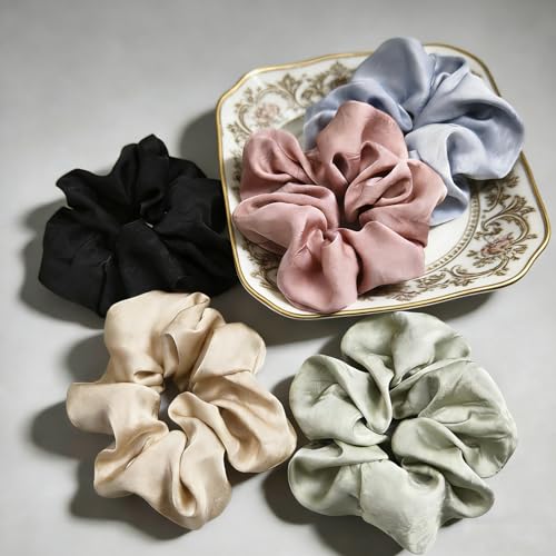 5Pcs Irregular Embossing Satin Scrunchies Smooth & Soft Fresh Colors Hair Ties Fashion Hair Bands Elastic Bracelets Ponytail Holders Hair Accessories for Women Girls (4.7 Inch) — view 2