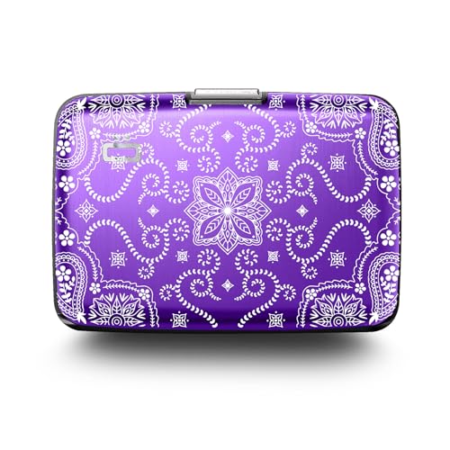 Image of OGON -DESIGNS- Aluminum card holder, RFID protection against fraud and demagnetization, compact wallet, Smart Case STOCKHOLM model (Engraving Bandana Purple, Extra-secure lock)