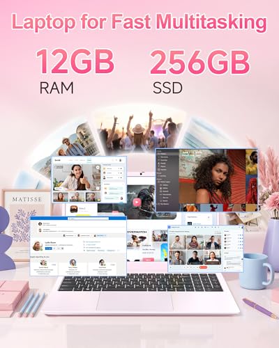 Image of 15.6 Inch Pink Laptop Computer, 12GB RAM 256GB SSD, FHD IPS Display, Pentium Gold 6500Y, Lightweight Student Laptop for School, Work & Everyday Use, Portable Laptop with USB-C HDMI WiFi