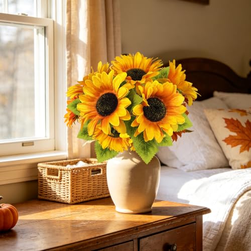 Image of 6PCS Sunflower Fall Artificial,Fake Silk Yellow Fall Sunflower Arrangement | 13.8 inch Autumn Artificial Flowers for Fall Home Decor, Baby Shower, Wedding Decor and Cemetery Flowers Decor