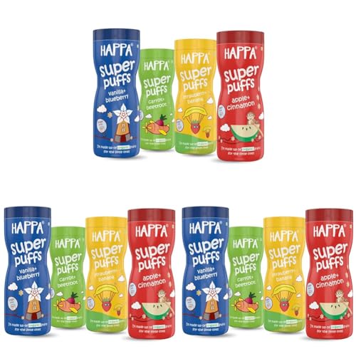Image of Happa Organic Baby Puffs | Vanilla Blueberry and Caroot Beetroot and Strawberry Banana and Apple Cinnamon Flavour | Made with Organic Ingredients | Melt-in-the-Mouth, Supports Self-Feeding & Baby-Led Weaning | No Artificial Flavours or Colours | Stage 2 (8 Months+) | Pack of 12 (40g Each)