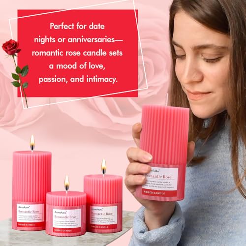 Image of ASIAN AURA Ribbed Pillar Candles - Pack of 3 | Scented Candles for Home Decor, Gifting & Festive Use | Long Burn time up to 36hrs | Clean-Burning Wax & Smokeless Flame (Romantic Rose)