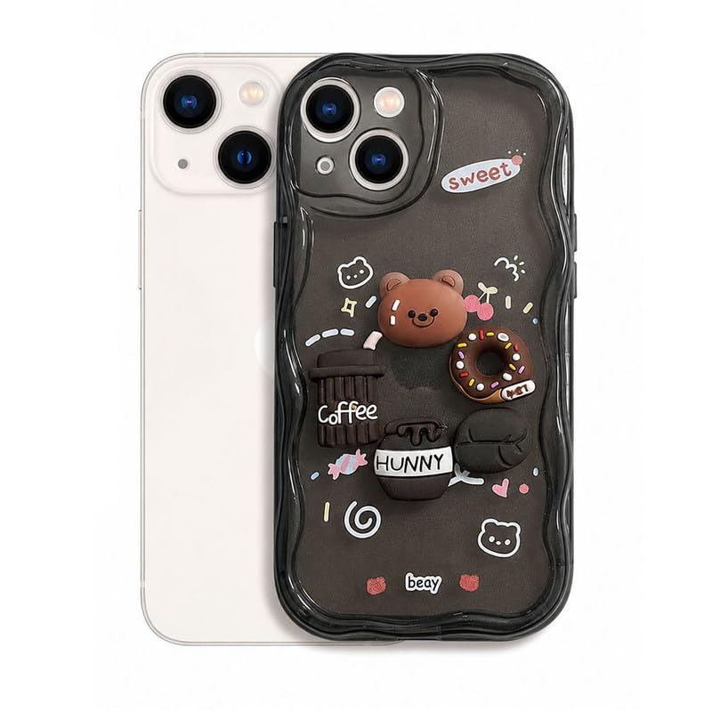 Image of ZR023 Compatible for iPhone 13 Cute Teddy Bear Design Back Cover | Soft Silicone Shockproof Protective Case | Slim Fit Stylish Camera Protection Phone Cover - Transparent Black
