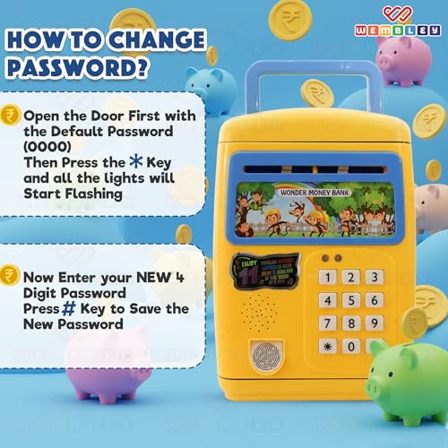 Image of Wembley Finger Print Sensor ATM Piggy Bank for Kids Girl Boys Gullak for Money Bank with Password & Music Auto Scroll Money Saving Box with Coin Cash Slot Gifts for Kids - Blue