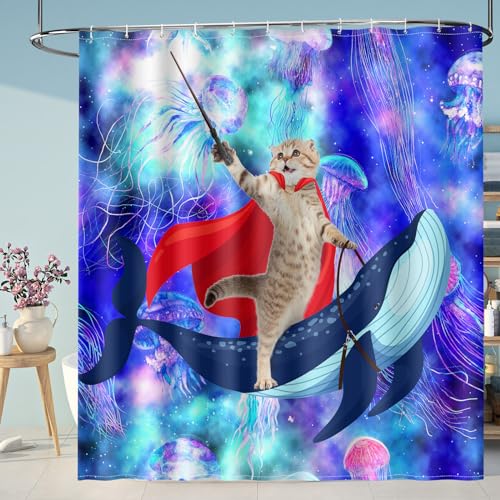 Image of Aimego Extra Long Shower Curtain - Funny Cute Cat Riding Whale on Space Galaxy Fantasy Jellyfish Fabric Cloth Shower Curtain Set with 12 Hooks for Kids Bathroom Decor Bathtub Curtain, 72 inchx84 inch