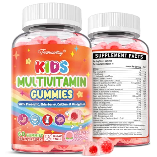 Kids Multivitamin Gummies - Kids Vitamins with Calcium, Probiotics, Iron, Omega-3, Methylated B12 & Methylfolate, Vitamin D3, K2, B6, A, C, E, Zinc for Healthy Growth - Sugar Free, Vegan, 60 Gummies