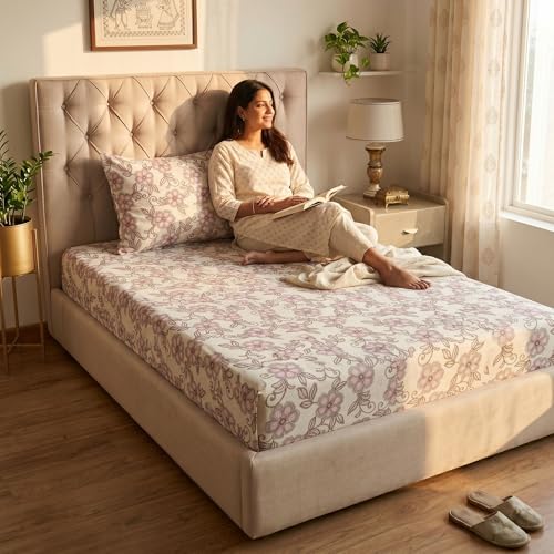 Image of Mafatlal 186 TC Grace Cotton Bedsheet for Single Bed | 90 x 60 Inch | Soft, Breathable & Durable Pure Cotton Fabric | Includes Pillow Cover | Blush Rose