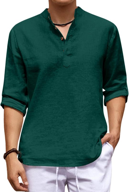 Image of ROYALSCOUT Men's Cotton Blend Casual Short Kurta Shirt with Notch Neck and Button Detail | Full Sleeve Straight Fit Lightweight Ethnic Top for Summer