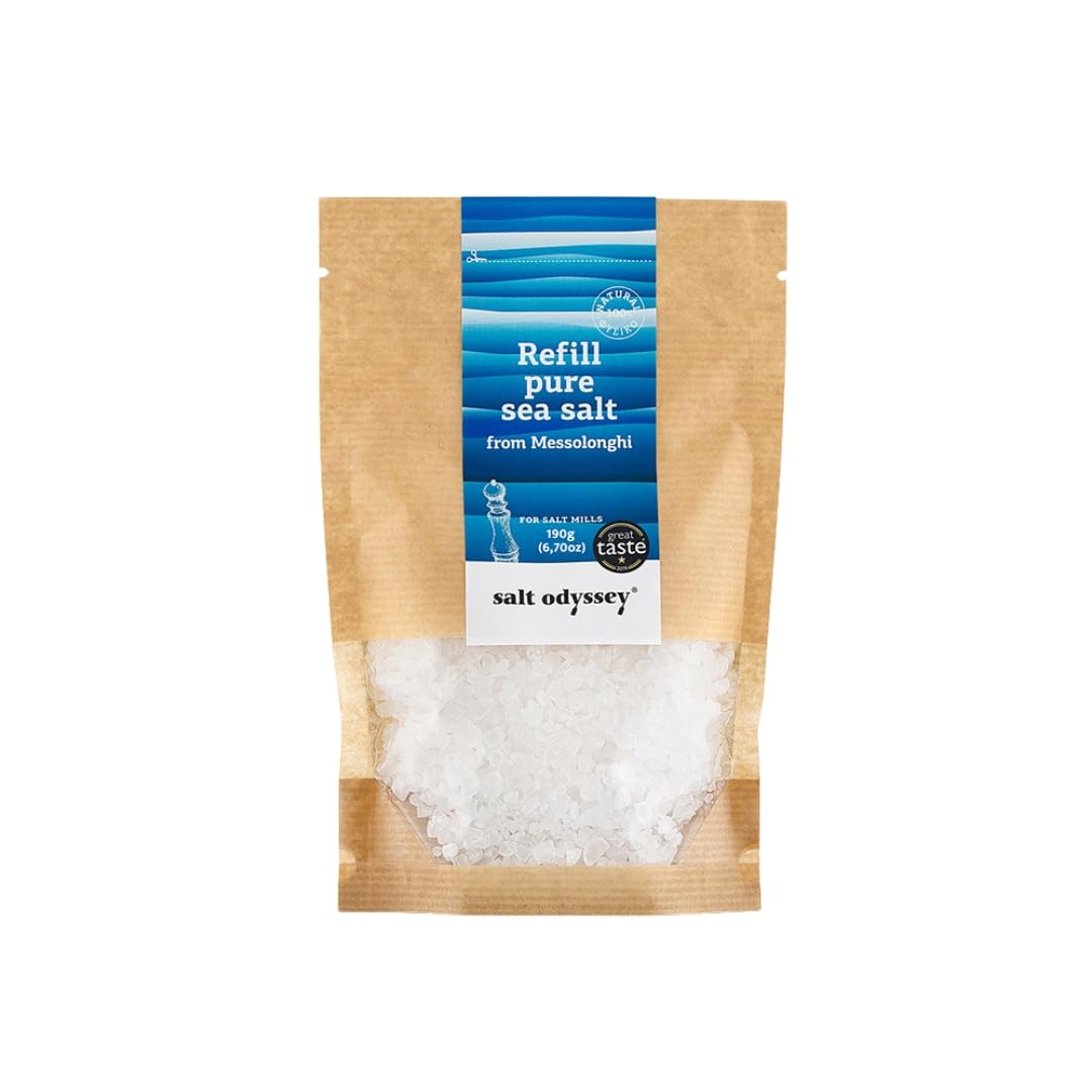 Salt Odyssey Greek Pure Sea Salt Refill in a Resealable Kraft Pouch – Natural Coarse Sea Salt Crystals for Salt Mills & Grinders, 190g (Pack of 2)