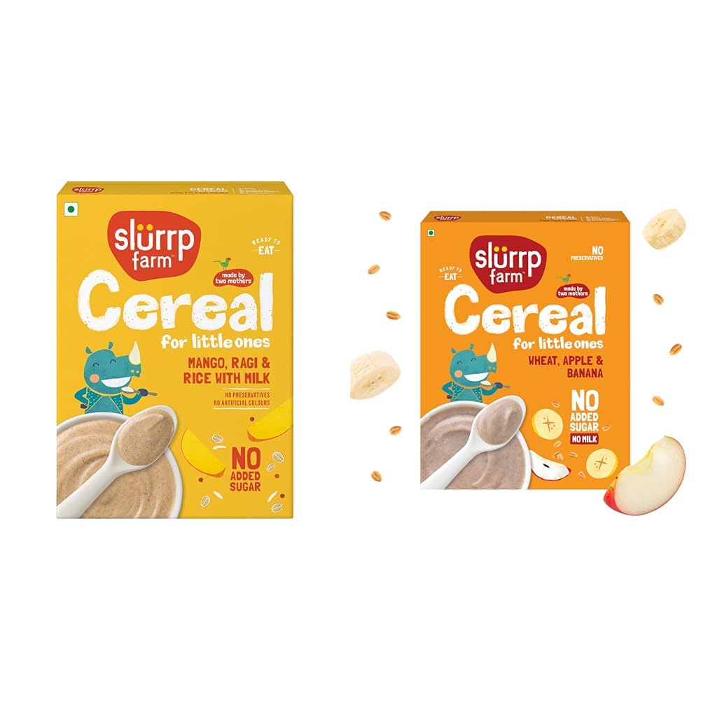 SLURRP FARM No Added Sugar Instant Cereal | Ragi, Rice and Mango with Milk, 200 Grams + Slurrp Farm No Added Sugar Instant Wheat Apple & Banana Cereal | No Milk No Preservatives | 300g-image-42