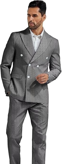 Men's Leisure Striped Seersucker Double Breasted Slim Fit Lightweight Tuxedo Summer Beach Suits