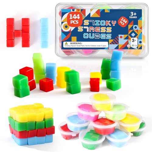 144PCS Sticky Stacking Cubes for Kids - Mini Squishy Cubes Sensory Toys for Toddler Non Toxic Preschool Jelly Blocks for Building Stretch Squishy Travel Essentials Toys for 3 4 5 6 Years Old