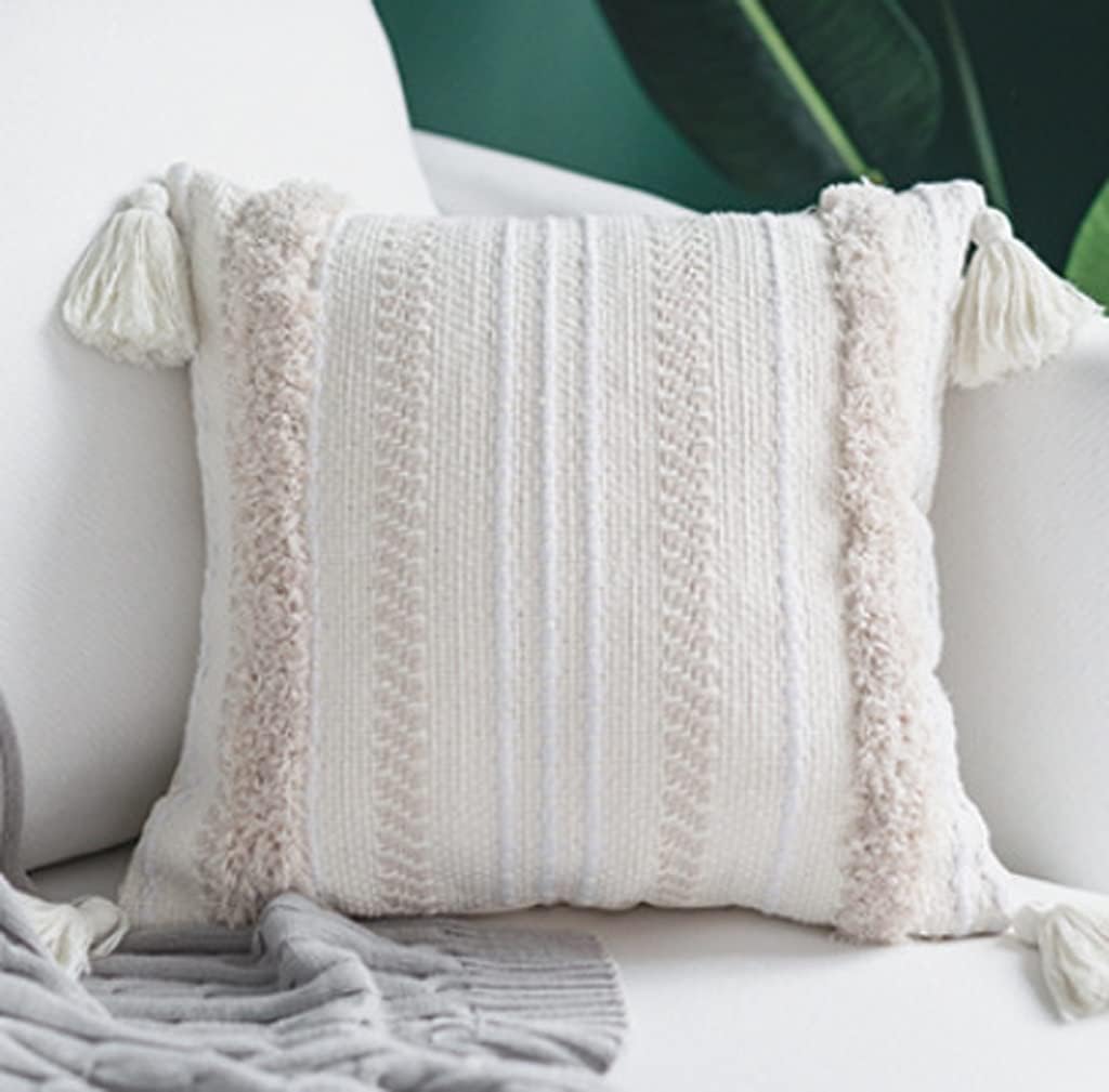 Pillowcase Washed Cotton ，Pillow Cover ， 未处理 Nordic Pillow Striped Cotton Tassel Bohemian Ethnic Cushion Pillowcase Homestay Living Room Pillow Waist Pillow(Roze)