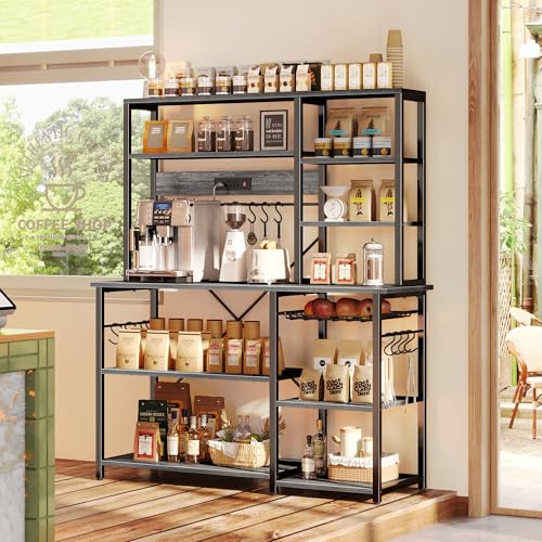 Image of SUPERJARE Larger Bakers Rack with Power Outlets, 6-Tier Microwave Stand, Coffee Bar with 12 S-Shaped Hooks, Kitchen Shelf with Wire Basket, 47.2 x 15.5X 66.9 Inches, Grey