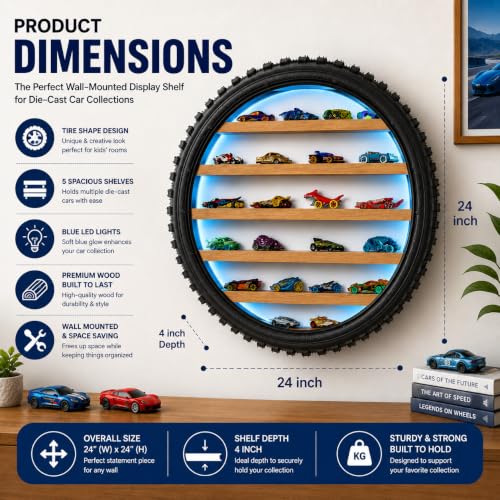 Image of Wall Mounted Tire Display Shelf with LED Lights for Kids Room | Wooden Circular Tyre Rack, Die-Cast Cars, Toy Car Organizer Storage, Handmade Tire Shape Floating Shelf (Blue Light)