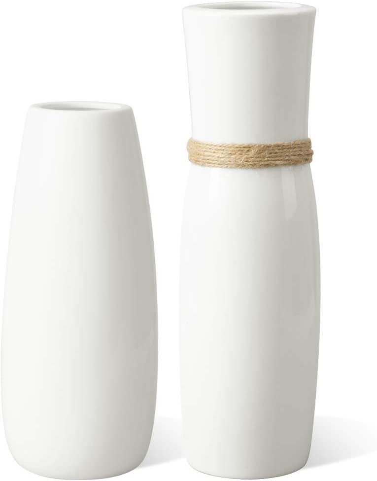 Jelofly White Ceramic Vases Flower Vase Different with Unique Rope Design for Home Décor – Set of 2