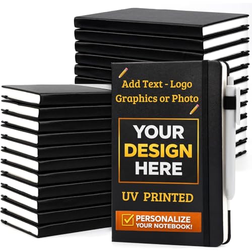 SANCANDO SWAG Custom Hardcover Notebooks Bulk Pack, Personalized UV Printed A5 Journal with Your Logo/Photo/Text, Lined Notebook for Corporate Gifts, Wedding Favors & Promotional Swag (10, Black)