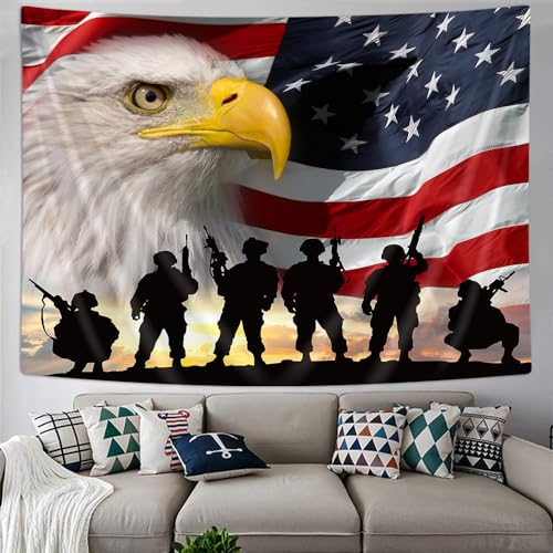 NYMB United States USA Flag Tapestry Wall Hanging, American Military Soldiers with Eagle at Sunset Tapestry Wall Art for Home Decorations Dorm Decor Living Room Bedroom Bedspread, (60X40in)