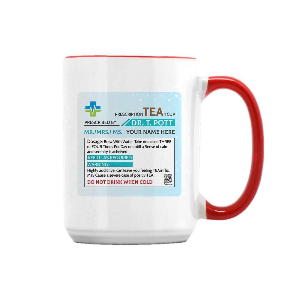 Getagift Personalised Name Tea Prescription Ceramic 15oz Coffee Mug. (Red Inside)