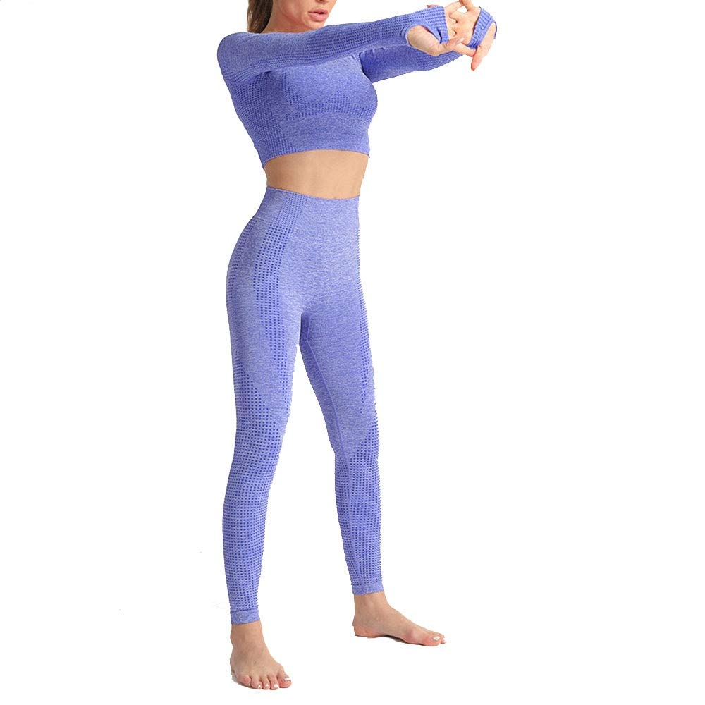 Mujer Conjunto Ropa Fitness Deportiva, Sin fisuras de gimnasio ropa 2 juegos de una pieza Butt Lift Power Stretch Leggings entrenamiento de manga larga camisas de la yoga del pulgar agujero Crop Set T