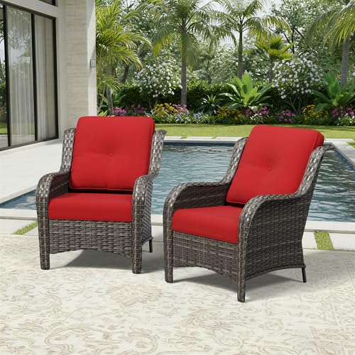 Image of Joyside Patio Chairs Set of 2, Wicker Patio Furniture with High Back, Deep Seating, Wide Armrest, Thickened Cushions, Outdoor Rattan Furniture for Deck, Porch Use
