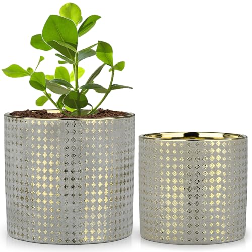 Image of Oairse Set of 2 Ceramic Plant Pots with Drainage Hole 16CM 13CM Decorative Indoor Flower Planters with Gold Diamond Pattern, Modern Glazed Pot for Succulents, Herbs, Snake Plant, Home Office Decor