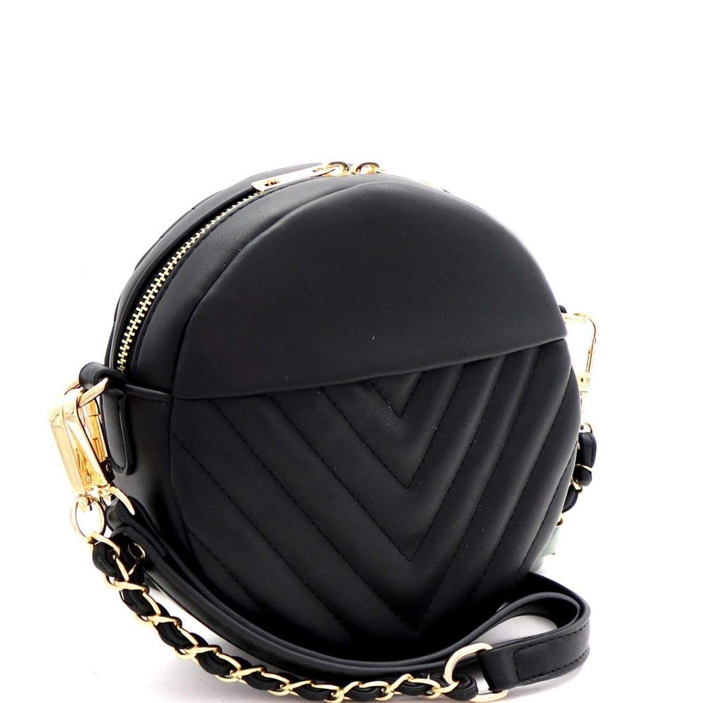 Medium Top-Handle Saffiano Vegan Leather Round Satchel Shoulder Bag Crossbody (Quilted Wristlet Crossbody - Black)