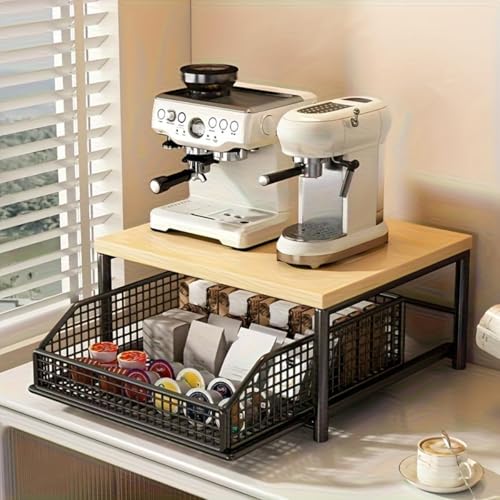 Carro de Cocina de Dos Niveles Organizador para máquina de café con cajones deslizantes Estante de Almacenamiento para encimera Soporte para microondas de Oficina en casa(Black)