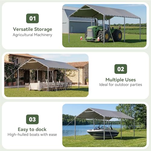 Image of Aoxun 10x15 Carport Heavy Duty Carport Potable Car Canopy Garage, Gray