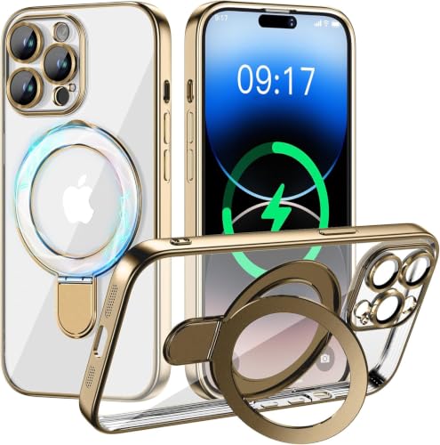 Image of Magnetic for iPhone 14 Pro Case with Invisible Stand[Compatible with MagSafe][Full Camera Lens Protector][Military Drop Protection]Shockproof Not Yellowing Clear Slim Soft for Women Men Gold