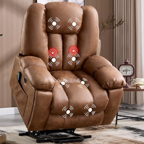 Image of CANMOV Power Lift Recliner Chair with Massage and Heat for Elderly, Overstuffed Wide Recliners, Heavy Duty and Safety Motion Reclining Mechanism with USB Ports, 2 Concealed Cup Holders, Brown